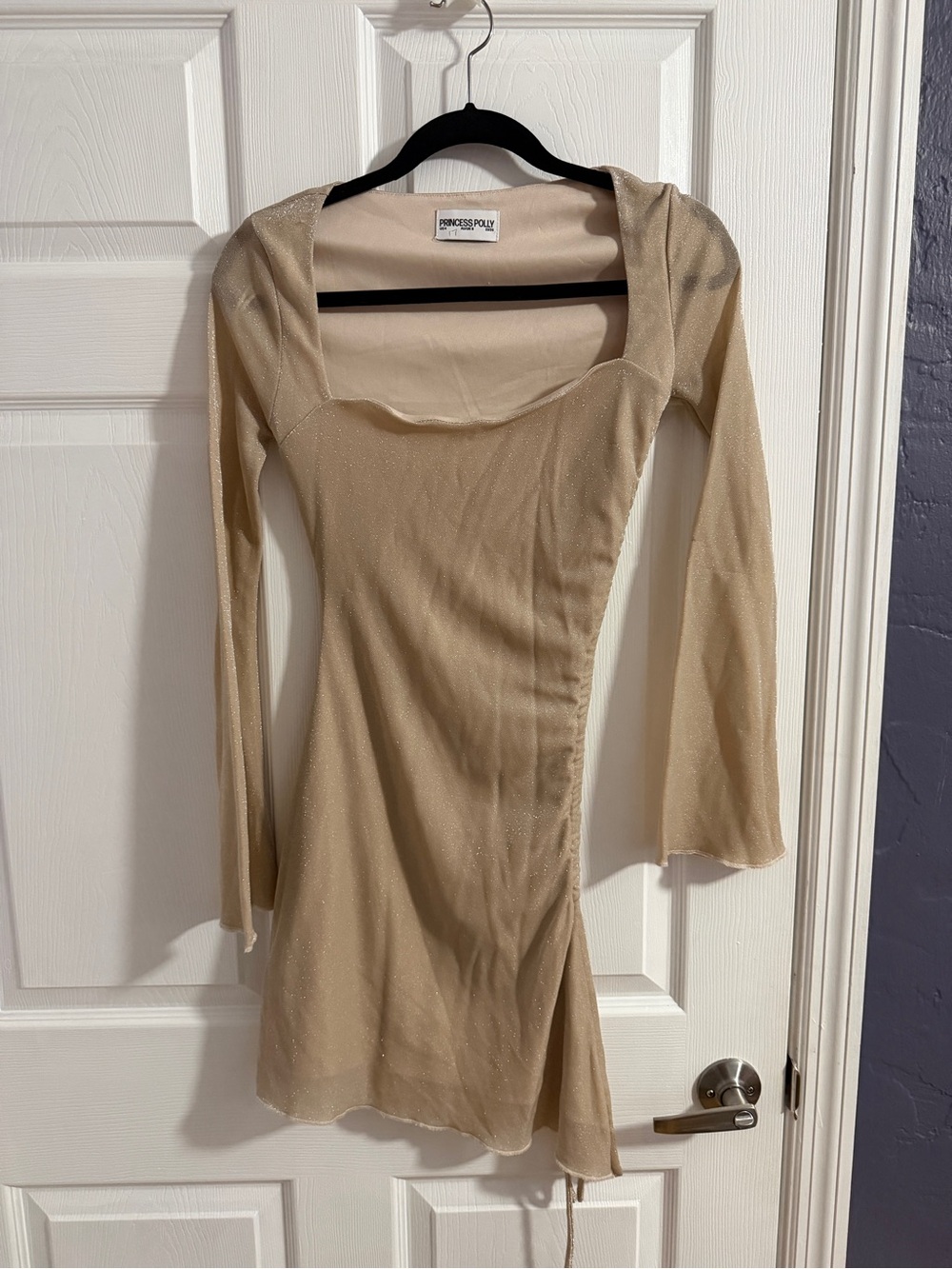 Princess Polly Wedding Guest Champagne Sheer Long-Sleeve Mini Dress